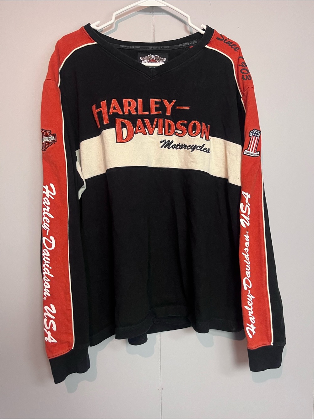 Harley-Davidson XL Long Sleeve Shirt Black Burnt Orange Graphic USA